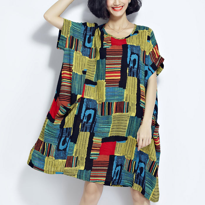 Baggy grüne Drucke Baumwolle Etuikleider Plus Größe Reisekleidung Vintage O Hals Kurzarm Baumwollkleid
