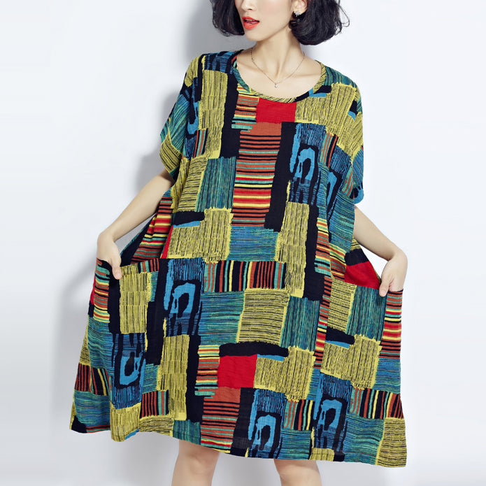 Baggy grüne Drucke Baumwolle Etuikleider Plus Größe Reisekleidung Vintage O Hals Kurzarm Baumwollkleid