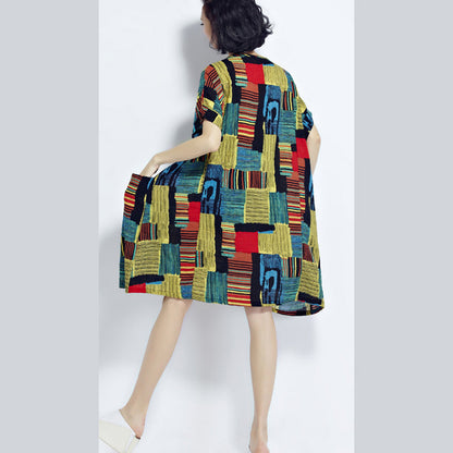 Baggy grüne Drucke Baumwolle Etuikleider Plus Größe Reisekleidung Vintage O Hals Kurzarm Baumwollkleid