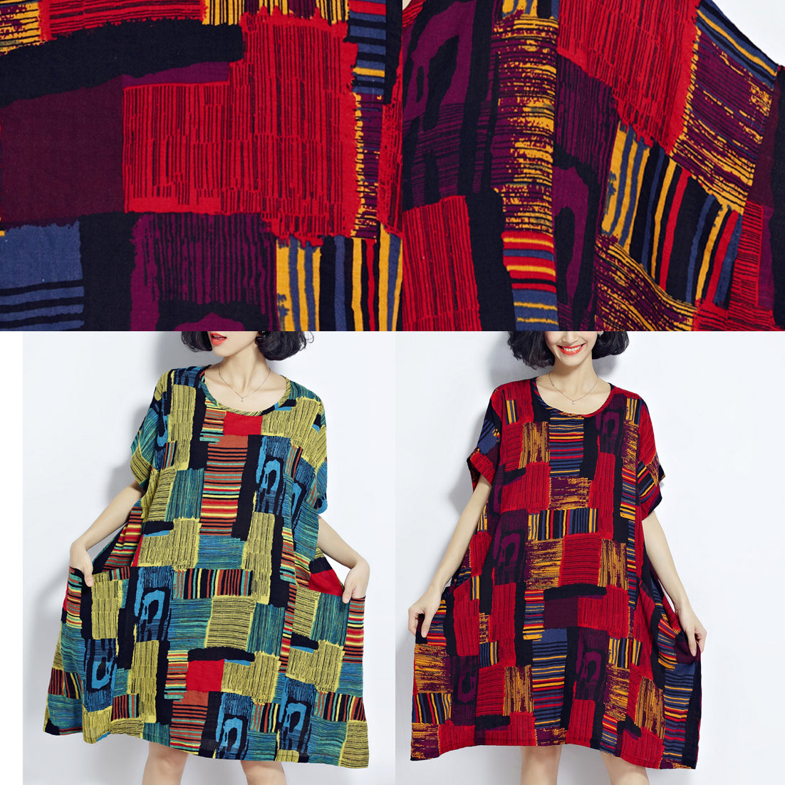 Baggy grüne Drucke Baumwolle Etuikleider Plus Größe Reisekleidung Vintage O Hals Kurzarm Baumwollkleid