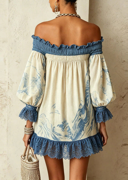 Beach Blue White Slash Neck Print Ruffled Patchwork Mid Dresses Sleeveless
