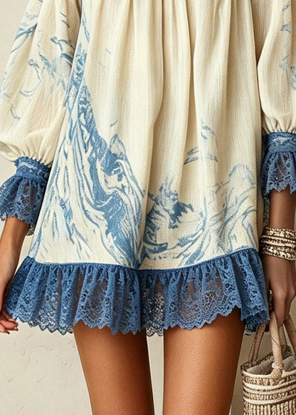Beach Blue White Slash Neck Print Ruffled Patchwork Mid Dresses Sleeveless