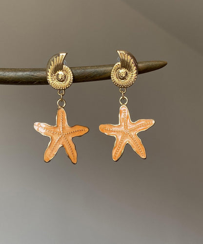 Beach Orange Metal Alloy Drip Glaze Starfish Drop Earrings