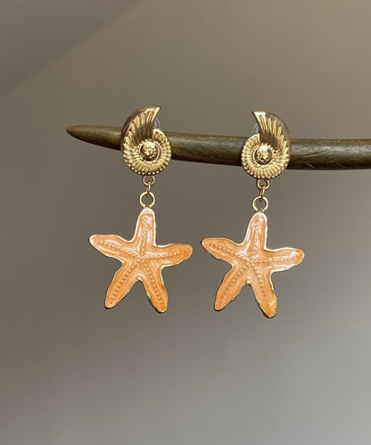 Beach Orange Metal Alloy Drip Glaze Starfish Drop Earrings