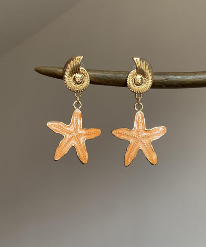 Beach Orange Metal Alloy Drip Glaze Starfish Drop Earrings