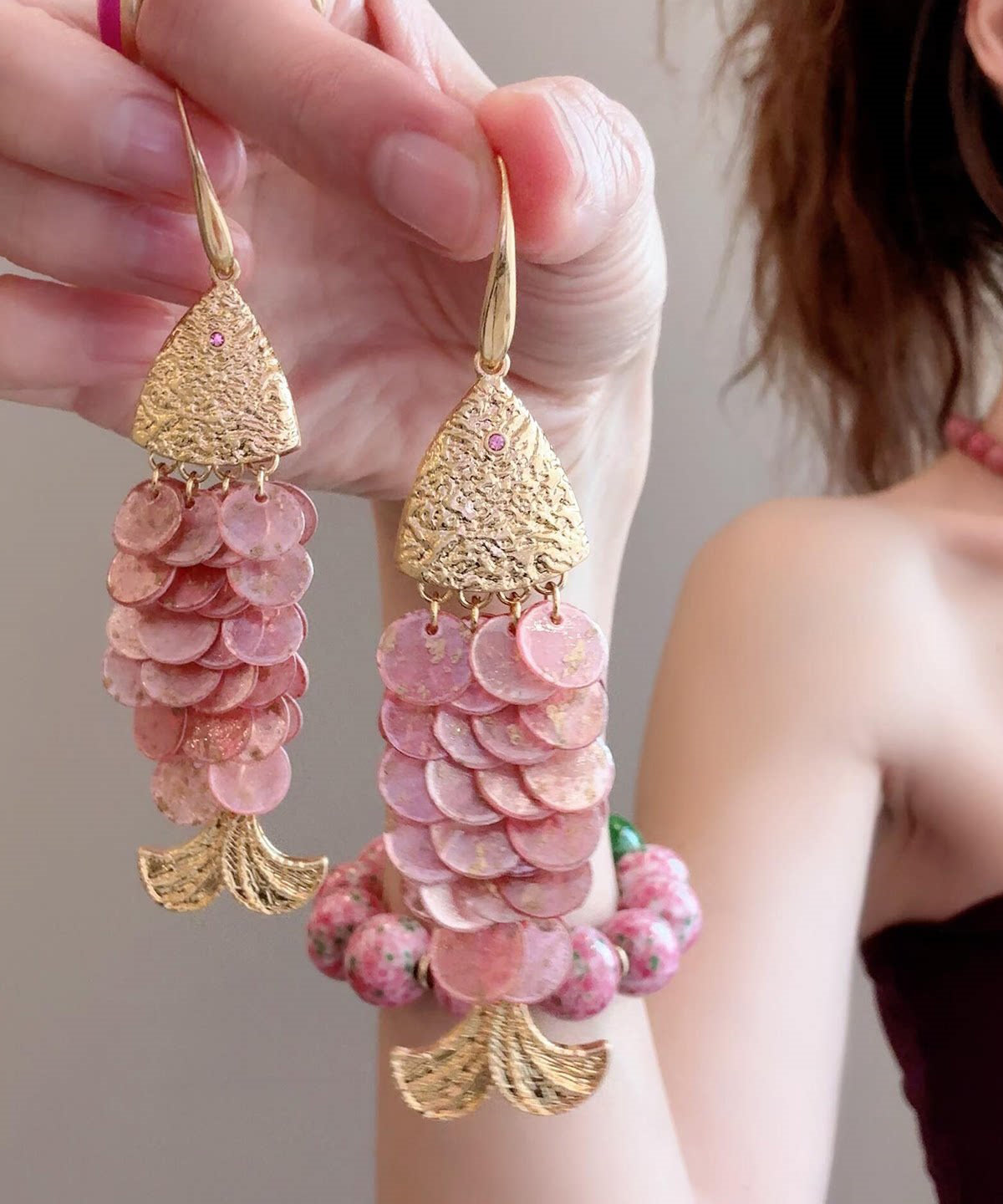 Beach Pink Alloy Fish Scales Tassel Drop Earrings