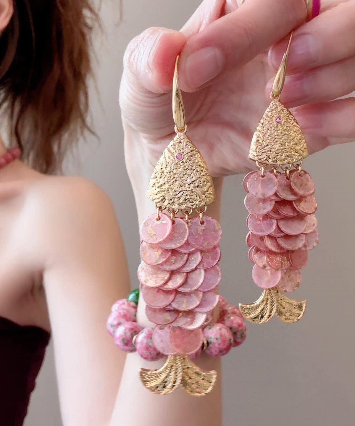 Beach Pink Alloy Fish Scales Tassel Drop Earrings