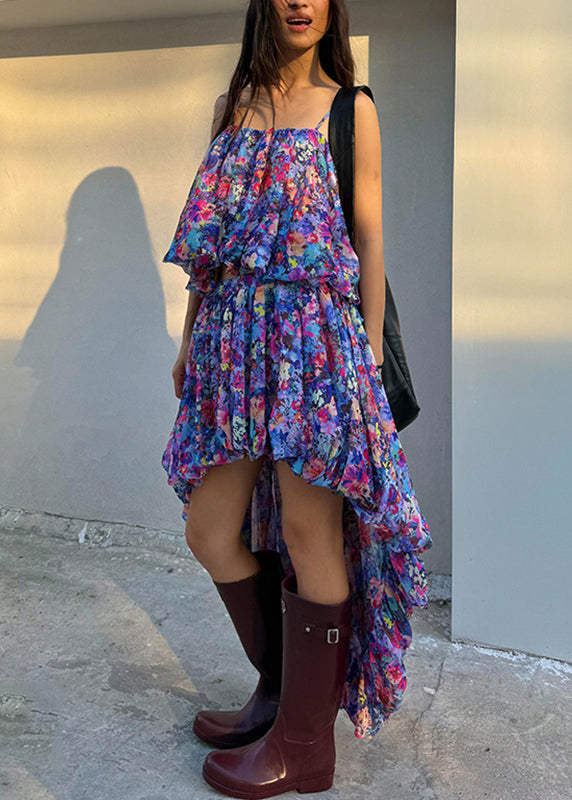 Beach Purple Print Vest And Asymmetrical Skirts Two Pieces Set Sleeveless