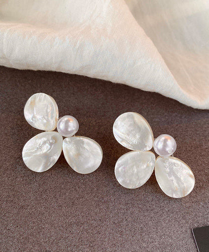 Beach White Alloy Floral Pearl Stud Earrings