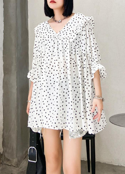 Beach white dotted chiffon clothes plus size Sleeve v neck Ruffles Love tops - SooLinen