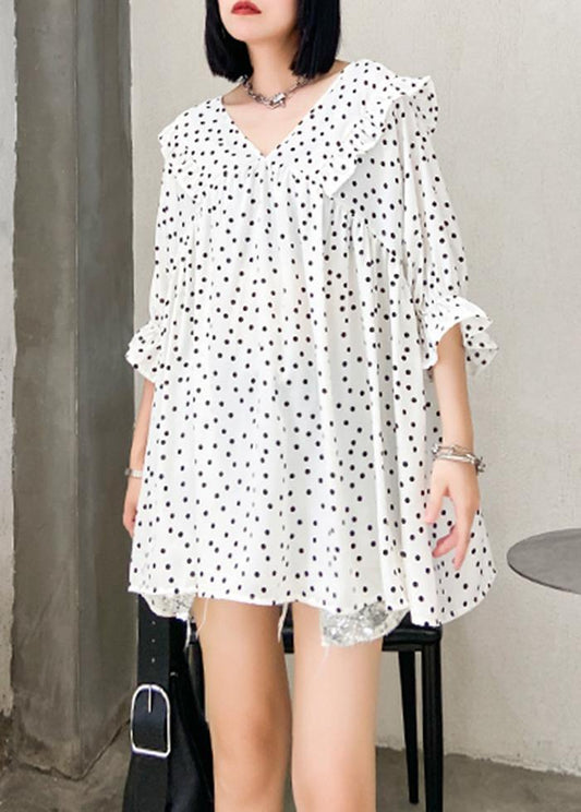 Beach white dotted chiffon clothes plus size Sleeve v neck Ruffles Love tops - SooLinen