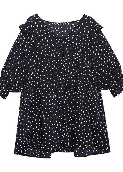 Beach white dotted chiffon clothes plus size Sleeve v neck Ruffles Love tops - SooLinen