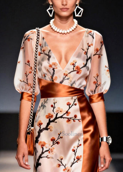 Beautiful Apricot Asymmetrical Patchwork Print Chiffon Dress Summer