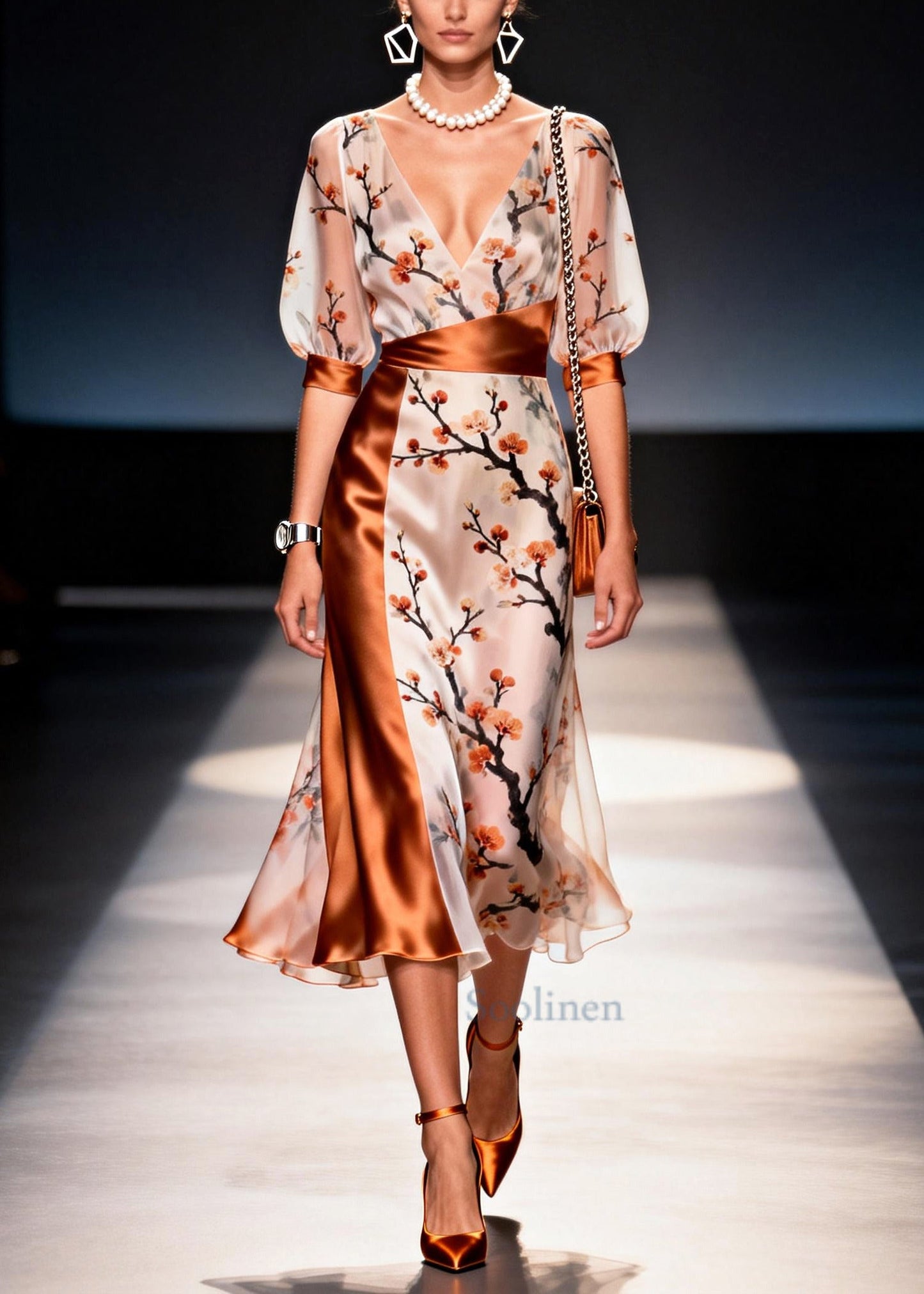 Beautiful Apricot Asymmetrical Patchwork Print Chiffon Dress Summer