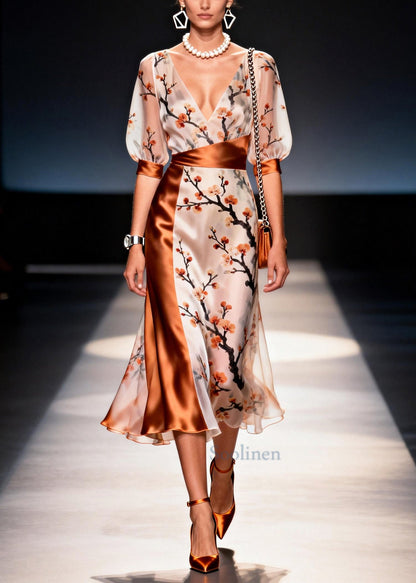 Beautiful Apricot Asymmetrical Patchwork Print Chiffon Dress Summer