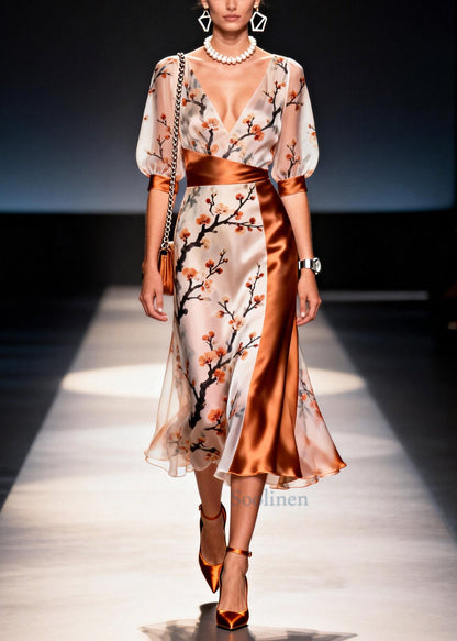 Beautiful Apricot Asymmetrical Patchwork Print Chiffon Dress Summer