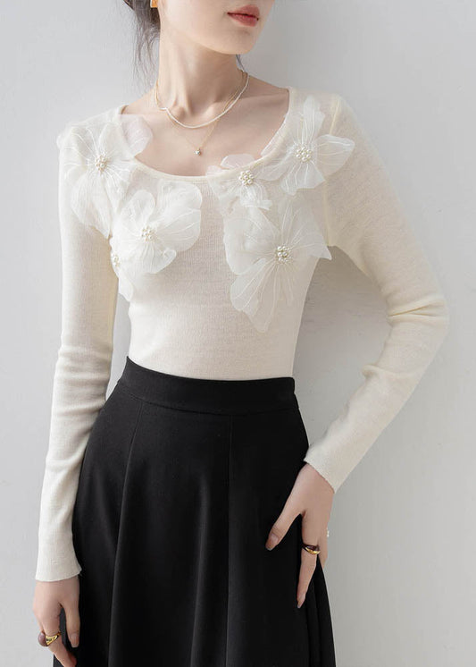 Beautiful Apricot O Neck Floral Nail Bead Knit Top Spring