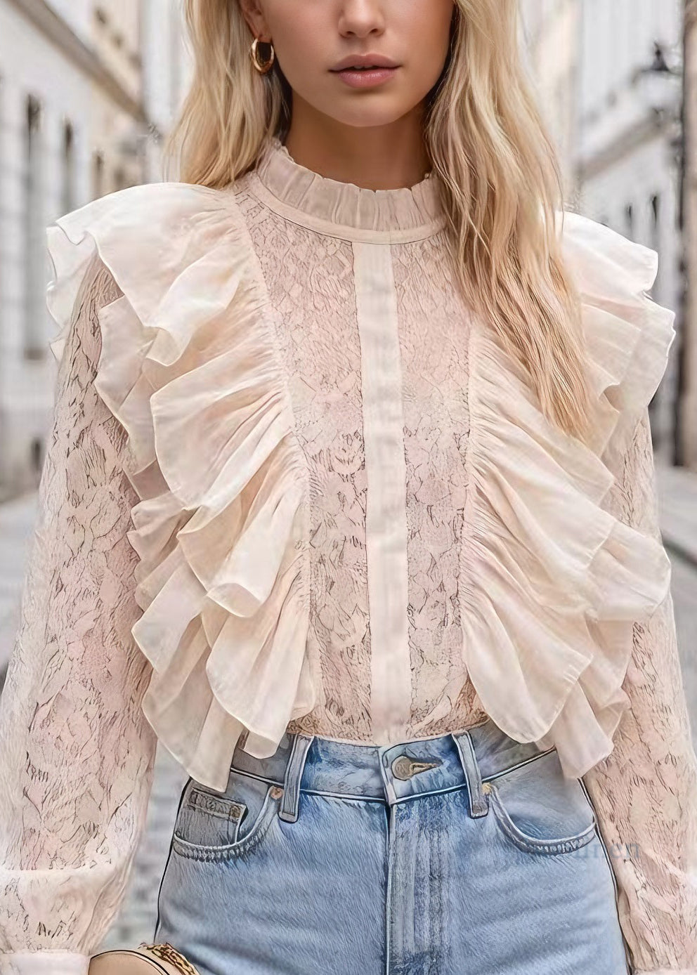 Beautiful Apricot Ruffled Patchwork Lace Tops Long Sleeve