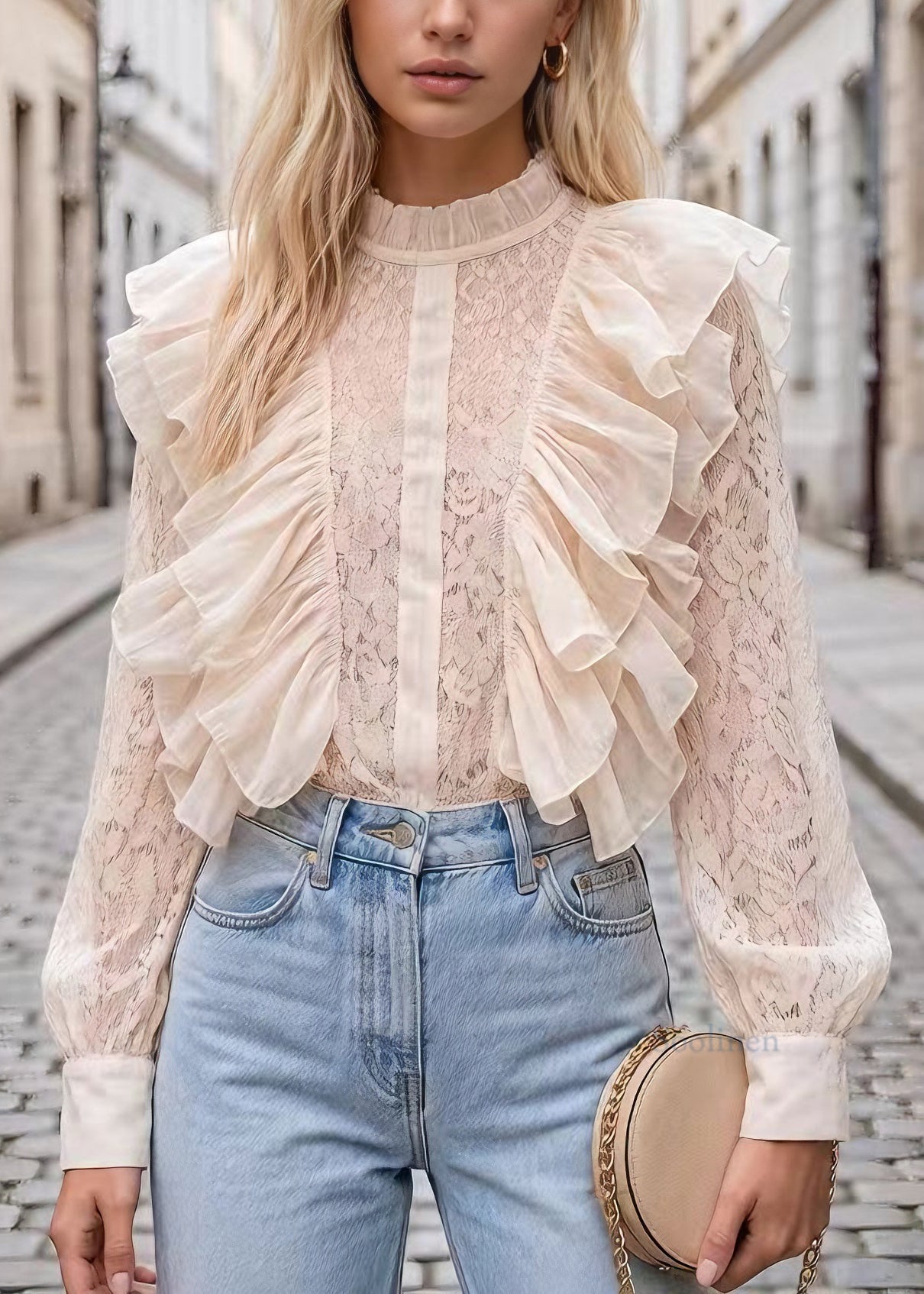 Beautiful Apricot Ruffled Patchwork Lace Tops Long Sleeve