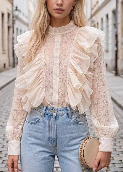 Beautiful Apricot Ruffled Patchwork Lace Tops Long Sleeve