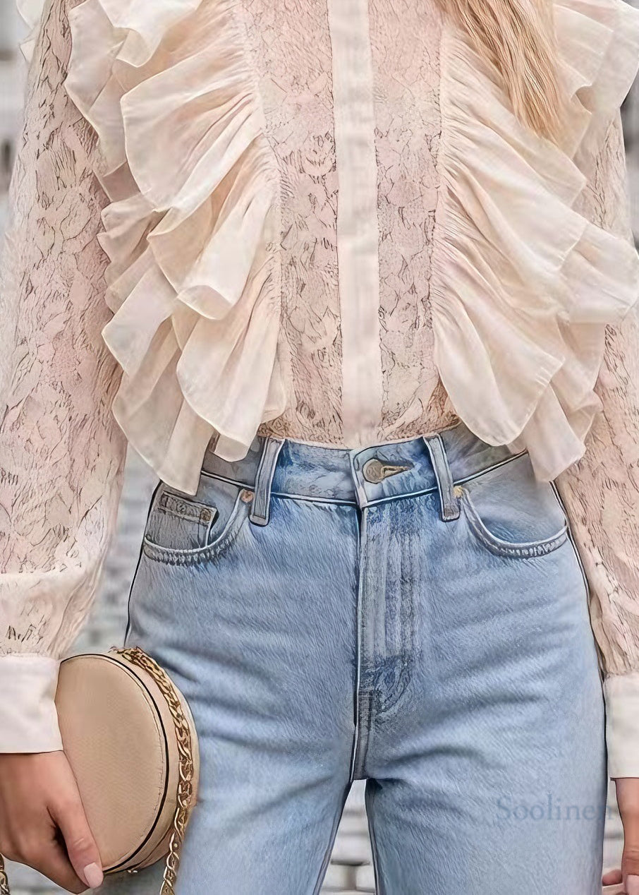 Beautiful Apricot Ruffled Patchwork Lace Tops Long Sleeve