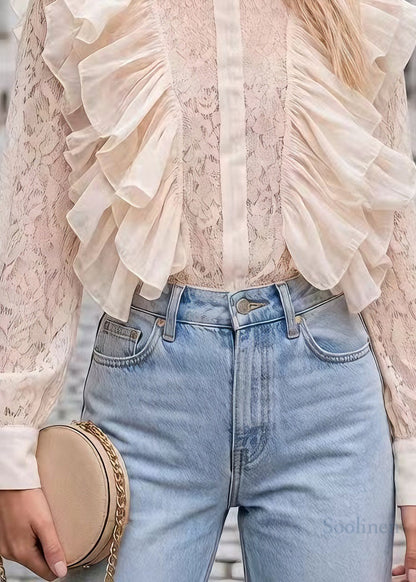 Beautiful Apricot Ruffled Patchwork Lace Tops Long Sleeve