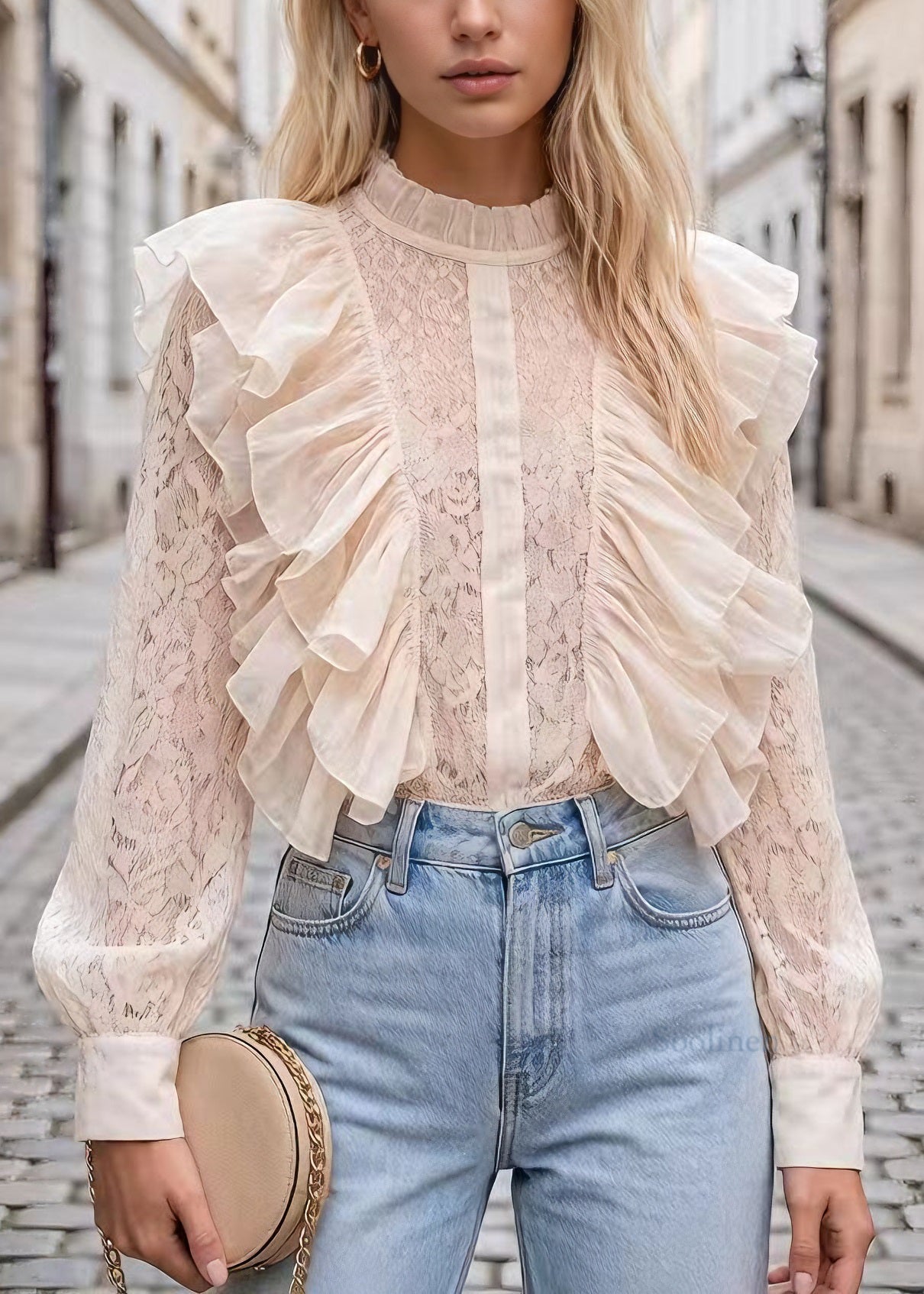 Beautiful Apricot Ruffled Patchwork Lace Tops Long Sleeve