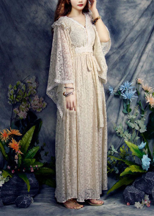 Schöne Aprikose V-Ausschnitt Aushöhlen Spitze Urlaub Cinch Kleider Frühling