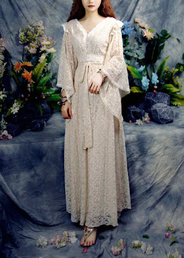 Schöne Aprikose V-Ausschnitt Aushöhlen Spitze Urlaub Cinch Kleider Frühling