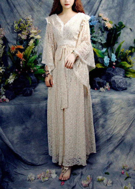 Schöne Aprikose V-Ausschnitt Aushöhlen Spitze Urlaub Cinch Kleider Frühling