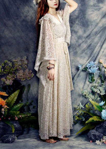 Schöne Aprikose V-Ausschnitt Aushöhlen Spitze Urlaub Cinch Kleider Frühling