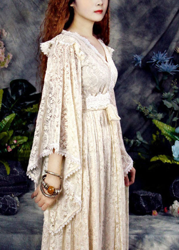 Schöne Aprikose V-Ausschnitt Aushöhlen Spitze Urlaub Cinch Kleider Frühling