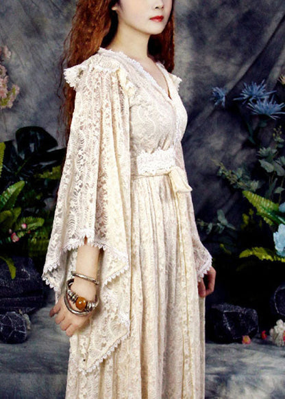 Schöne Aprikose V-Ausschnitt Aushöhlen Spitze Urlaub Cinch Kleider Frühling