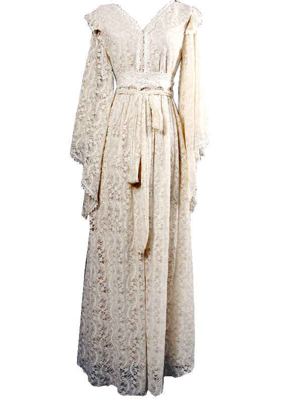 Schöne Aprikose V-Ausschnitt Aushöhlen Spitze Urlaub Cinch Kleider Frühling