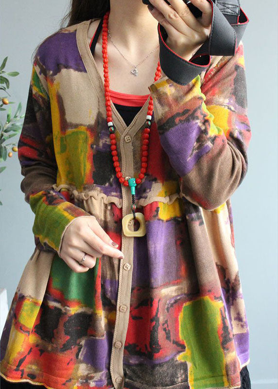 Wunderschöner Apricot-Strickpullovermantel mit V-Ausschnitt und Druckknopf