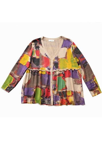 Wunderschöner Apricot-Strickpullovermantel mit V-Ausschnitt und Druckknopf