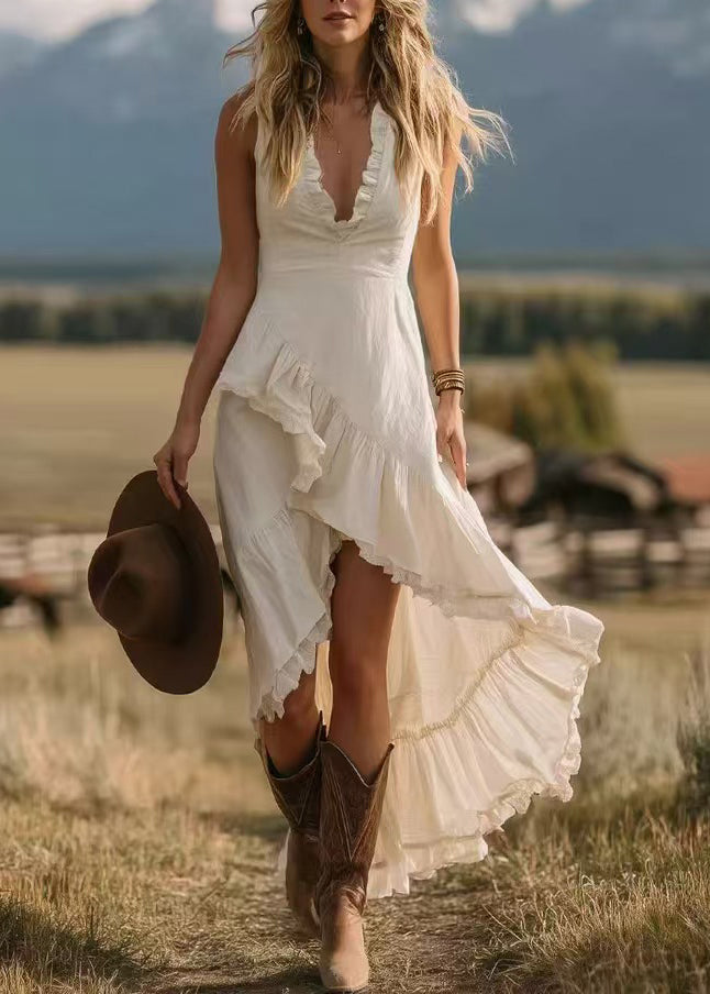 Beautiful Apricot V Neck Ruffled Asymmetrical Cotton Dresses Sleeveless