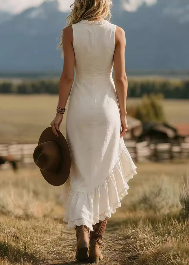 Beautiful Apricot V Neck Ruffled Asymmetrical Cotton Dresses Sleeveless