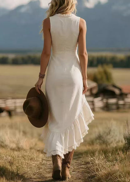 Beautiful Apricot V Neck Ruffled Asymmetrical Cotton Dresses Sleeveless