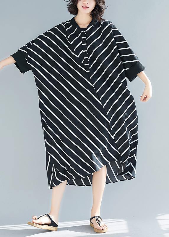 Beautiful Asymmetric Spring Black Striped Robes Dresses - SooLinen