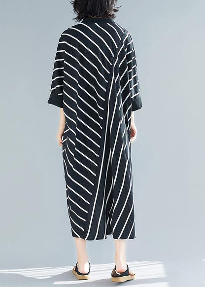 Beautiful Asymmetric Spring Black Striped Robes Dresses - SooLinen