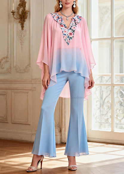 Beautiful Asymmetrical Design Top And Pants Chiffon Two Pieces Set Summer