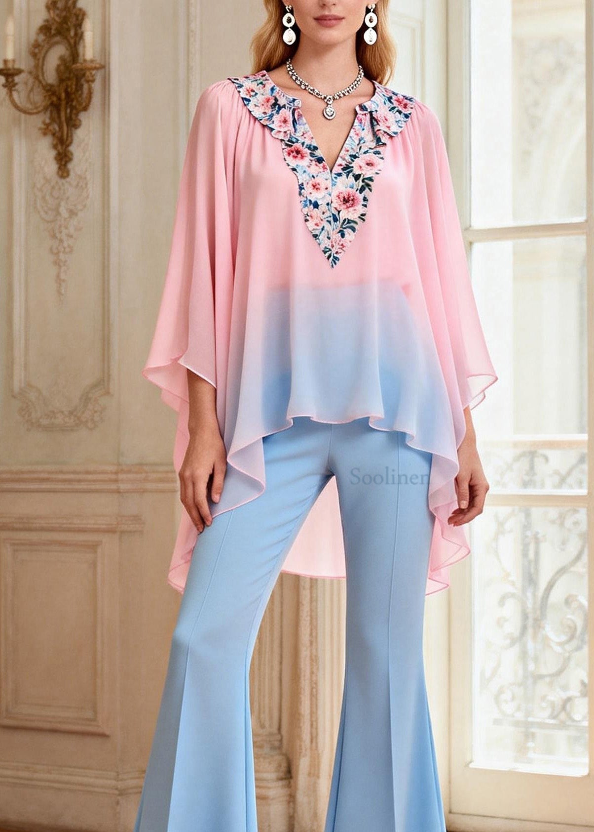 Beautiful Asymmetrical Design Top And Pants Chiffon Two Pieces Set Summer