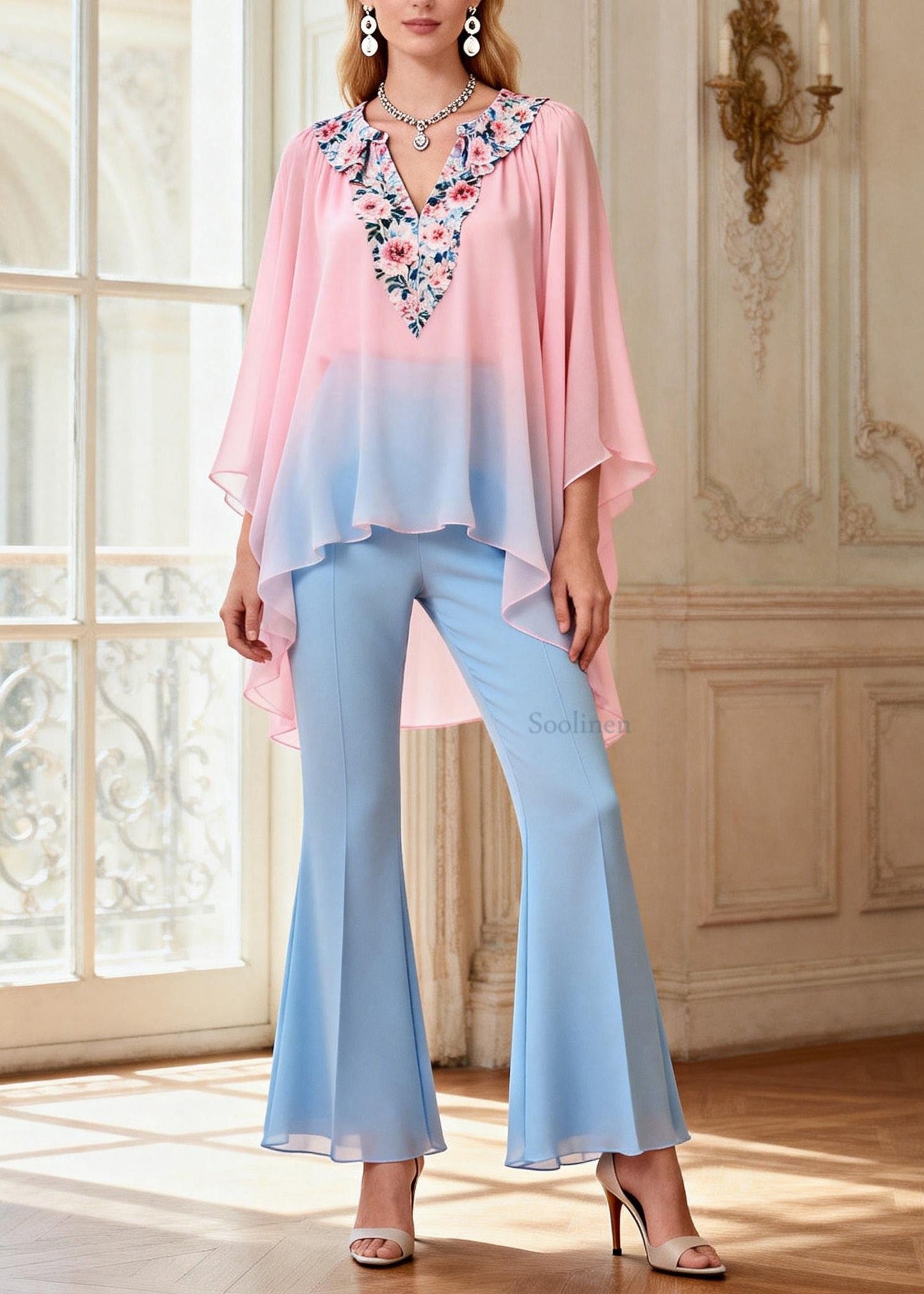 Beautiful Asymmetrical Design Top And Pants Chiffon Two Pieces Set Summer