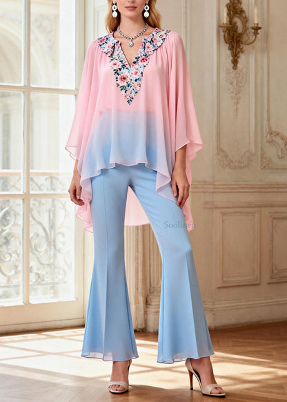Beautiful Asymmetrical Design Top And Pants Chiffon Two Pieces Set Summer