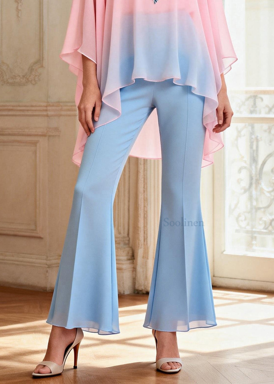 Beautiful Asymmetrical Design Top And Pants Chiffon Two Pieces Set Summer