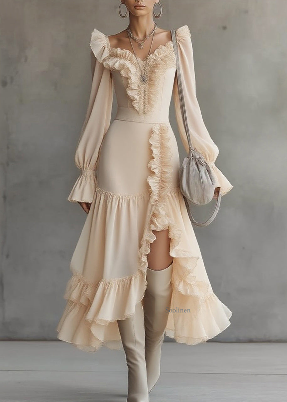 Beautiful Asymmetrical Ruffled Patchwork Solid Vacation Maxi Dresses Spring