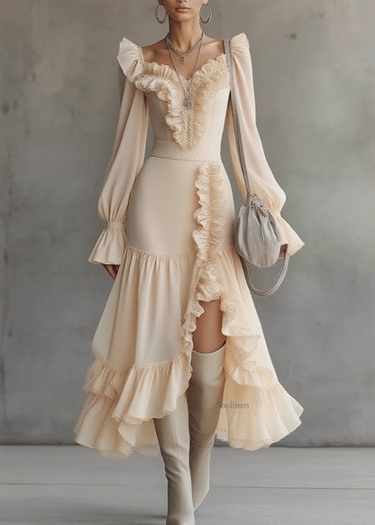 Beautiful Asymmetrical Ruffled Patchwork Solid Vacation Maxi Dresses Spring