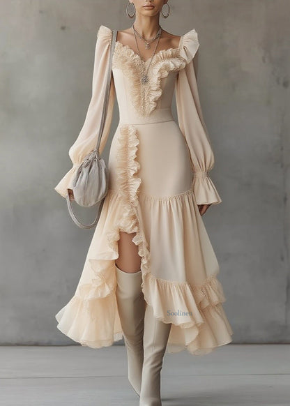 Beautiful Asymmetrical Ruffled Patchwork Solid Vacation Maxi Dresses Spring