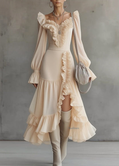 Beautiful Asymmetrical Ruffled Patchwork Solid Vacation Maxi Dresses Spring